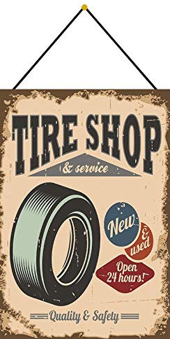 Blechschild 20x30cm gewölbt mit Kordel Tire Shop & Service Garage Reifen Werkstatt Deko Geschenk Schild Auto