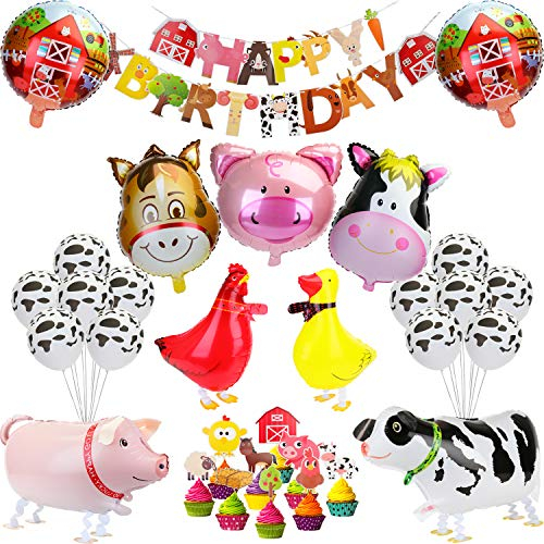 KATELUO Bauernhof Geburtstag Deko, Geburtstagsdeko Jungen, Kindergeburtstag Party Deko Set, Happy Birthday Banner, Geburtstag Girlande Ballon, Tierfolienballon für Kinder Kindergarten