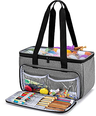 Yarwo Tasche für Garnaufbewahrung, Stricktasche zur Aufbewahrung von Wolle, Handarbeitstasche mit Großer Kapazität für Häkelnadeln, Strickgarn und Stricken Zubehör, Grau mit Diamant Muster