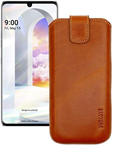 Suncase Etui Tasche kompatibel mit LG Velvet mit ZUSÄTZLICHER Hülle/Schale/Bumper/Silikon *Lasche mit Rückzugfunktion* Handytasche Ledertasche Schutzhülle Case in Cognac
