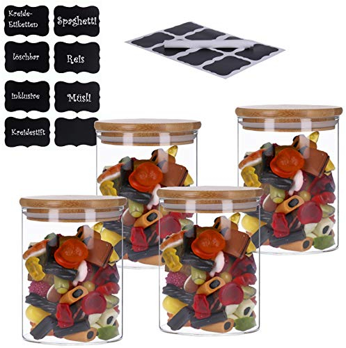 Lot de 4 boîtes de conservation en verre avec couvercle en bambou avec 8 étiquettes à craie et un stylo | récipients en verre, verre à spaghetti | hermétiques, anti-mites (4 x 700 ml)