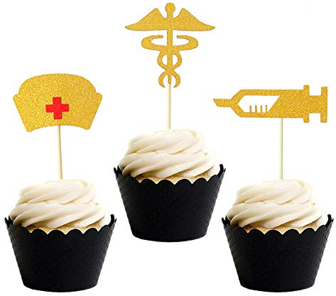 Topfunyy Nurse Graduation Cupcake Toppers Gold Glitter Cake Toppers Food Picks for Nursing Graduation Medical Rn Themed Nursing Grad Party Decorations