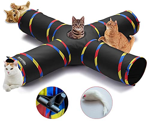 4 Way Cat Tunnels for Indoor Cats, Collapsible Tube 10 Inch Diameter & 47 Inch Longer Cat Tunnel Toy, Bell Ball for Pet Play Puppy Kitten Rabbit (Black)