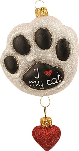 Impuls Christbaumschmuck Glas Katzenpfote 7cm mit Herz mundgeblasen handbemalt Katzen Weihnachtskugeln