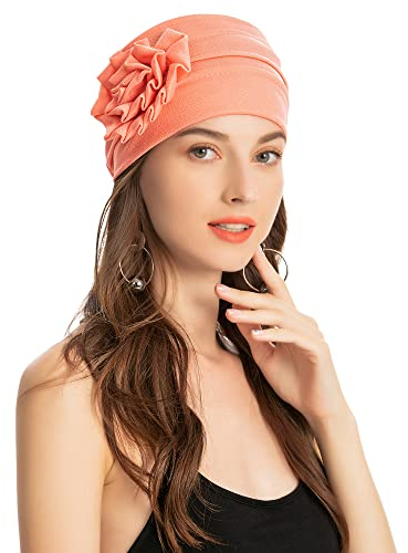 ZLYC Cappello del beanie del turbante delle donne con il cappello elastico della testa del cappello di chemio del fiore, Rosa floreale., M (taglia unica)