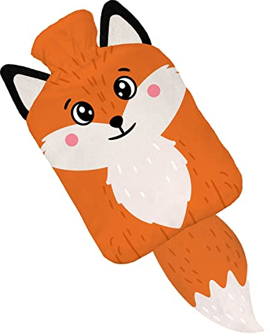 Wärmflasche mit Pullover Bezug 2 Liter Bettflasche mit schönen Fleece-Druck Bezug Gummi Wärmflasche mit Deckel Weiß Fuchs mit Ohren und Schwanz [092]