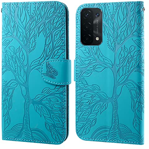 Ailisi Handyhülle für Oppo A54 5G/Oppo A74 5G, Baum Muster Klapphülle Leder Handy Tasche Etui Wallet Flip Case Schutz Hülle Brieftasche mit TPU innen Schale, Kartenfächer, Aufstellfunktion -Blau Grün