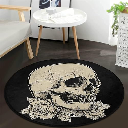 keepcute Runder Totenkopf-Teppich, 60 cm – Totenkopf-Rose, Blume, schwarzer runder Teppich, rutschfest, waschbar, Fußmatten für Küche, Schlafzimmer, Wohnzimmer, 60 x 60 cm