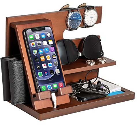 Birthday Gifts for Men, Wood Phone Docking Station, Bedside Table Organiser, Gifts for Dad, Mens Gifts for Husband Dad Gifts for Him Anniversary Xmas Presents for Men Nightstand Key Wallet Stand