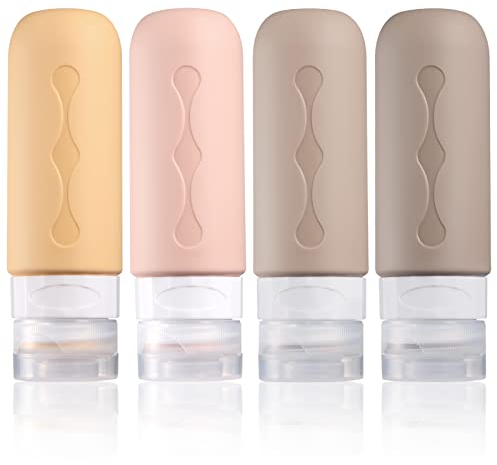 Gemice Silikon Reiseflaschen 90ml Set, 4 Stück auslaufsichere Reise Container und Reise Toilettenartikel Set, FDA zugelassene nachfüllbare Flüssigkeitsbehälter für Shampoo Creme Spülung Körperpflege