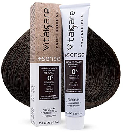 Vitalcare | +Sense - Colorazione Permanente Professionale, Crema Colorante Capelli, Senza Ammoniaca, Resorcina, PPD, Siliconi - Con Olio Di Argan, Macadamia e Avocado, 4/3 Castano Dorato, 100ml