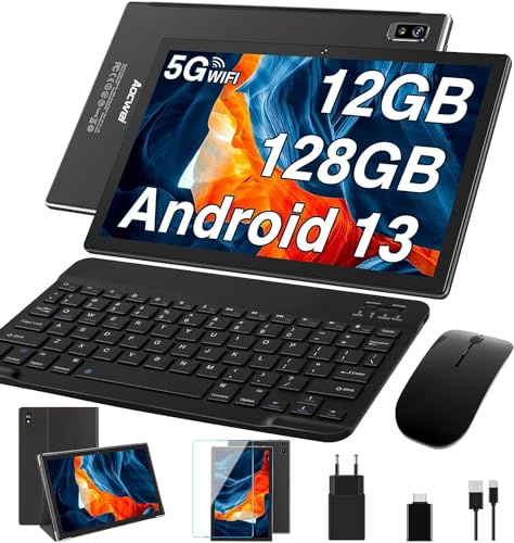 AOCWEI Tablet de 10 Pulgadas Android 12 Tablet PC con 5G + 2.4GWiFi, 4GB RAM 64GB ROM 128GB Expandable, batería 8000 mAh, 5MP + 8MP, Octa-Core | 2.0Ghz | Bluetooth 4.2 | y Teclado Ratón Lápiz -Bla