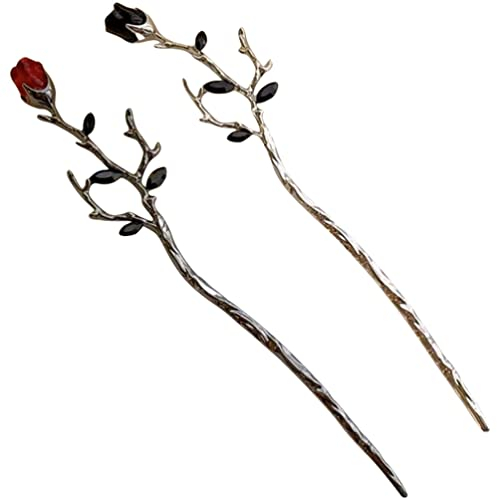 minkissy 2pcs Chinese Flower Hairpin Rose Flower Hair Sticks Chinese Hair Sticks for Buns Retro Hair Chopstick Bun Hair Holder Silver, Black