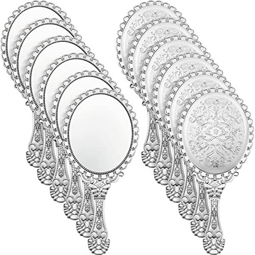 Qunclay 12 Stück Vintage Handspiegel, 24,9 cm L x 11,4 cm B, klein, silbergeprägt, tragbarer Prinzessinnen-Spiegel für Klassenzimmer, Kinder, Prinzessin, Party, Gastgeschenke, Reisen