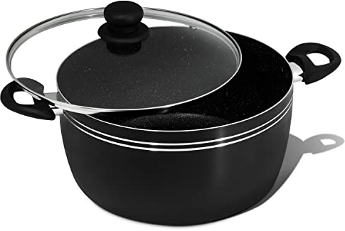Daifort Nonstick Stockpot with Tempered Glass Lid-Induction Bottom-Suitable for All Types of Hobs-Granite Coated Cookware - Black (28cm)