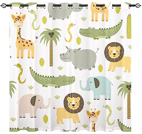 YUANZU Tier Vorhänge Krokodil Löwe Elefant Giraffe Ösen Gardinen mit Blickdichte Thermo Vorhang Kälteschutz Blackout Curtain Kinderzimmer Schlafzimmer Verdunkelung Fenster, 2 Stück, H 213 x B 200 cm
