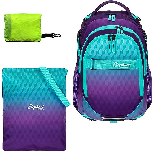 Elephant Schulrucksack Jungen Mädchen ab 3. Klasse Schule Tasche Brustgurt Schultasche Rucksack mit Sportbeutel Attach Bag und Regenhülle Premium 3 Teile Set Auswahl rtp (Violett Cube 12810)