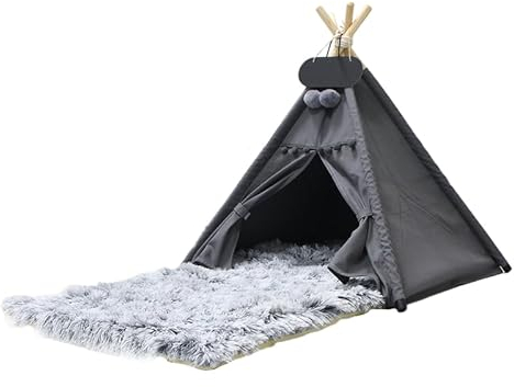 Whiwhi Tipi Zelt für Haustiere mit Plüsch Hundematte Luxery Hundezelt Abnehmbar und Waschbar Haustierzelte Tragbar Haustierbett Multifunktionales Hundebett Katzenzelt 70x70x80cm