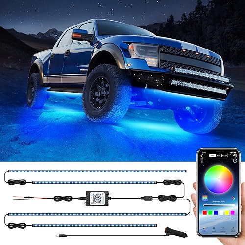 Exterior Car Underglow LED Strip Lights, Universal RGB Neon Accent Lights with Music Mode, Multicolor Waterproof Underbody Led Strip Lights Kit- Wireless Bluetooth APP Control(2×34inch+2×23.6inch)