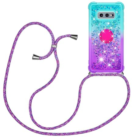 YAMCCCSE für Samsung Galaxy S10e Hülle mit Band, Mädchen Glitzer Handykette Handyhülle 360 Grad Ring Cover Flüssigkeit Clear Schutzhülle für Samsung Galaxy S10e,Blau + Lila