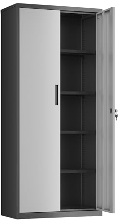 SONGMICS Meuble de Rangement Bureau, en Acier, Placard, 5 Niveaux, 40 x 80 x 180 cm, Doubles Portes, Serrure, Armoire à Outils, Étagères Réglables, pour Garage, Bureau, Argent et Gris Mat OMC015S01