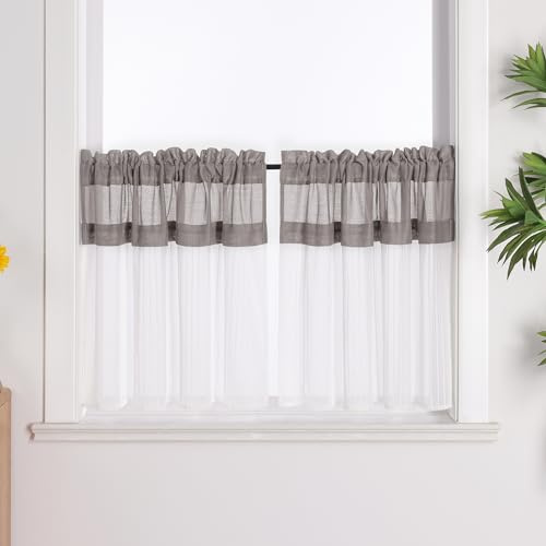Joyswahl Leinenoptik Scheibengardinen 2er Pack Landhaus Leni Grau 60x120 | 2 Stück, Bistrogardinen modern, Cáfe Gardinen Küche, Vorhänge Kurz, Kurzstores Halbtransparent, Fenstergardinen lang Weiß
