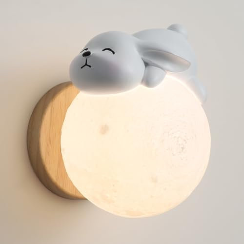 RXPVUXE Applique Lune Applique Murale Lapin en Résine Blanche Applique Murale Moderne en Bois avec Abat-Jour Globe PLA, Appliques Murales Lapin Mignon Nordique Chambre d'enfant Luminaire Mural en Bois