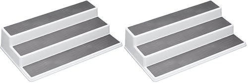 Copco Basics 3-Tier Spice Rack for Inside Cupboard, Non-Slip Kitchen Shelf Organiser, 38 x 22.5 x 8.5cm, White/Grey (Pack of 2)