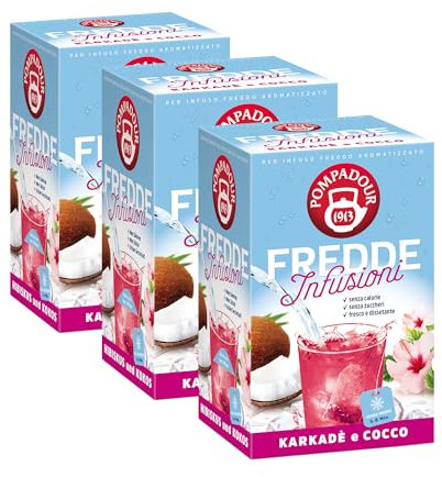 Pompadour, Fredde Infusioni Karkadè & Cocco, 54 Filtri (3 Confezioni da 18 Filtri), Dissetante e Rinfrescante, Ideale nelle Giornate Estive, Senza Lattosio, Glutine e Allergeni