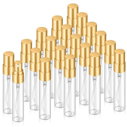 Jxcmeng Lot de 20 flacons vaporisateurs vides en verre transparent rechargeable de 5 ml avec buse aluminisée dorée pour parfum (bouchons dorés de 5 ml)