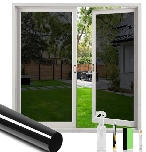 OFHome One Way Privacy Film with Installation Tools, Self Adhesive Window Tint for Home and Office, Anti Glare UV Sun Blocking Heat Control Reflective Mirror Daytime Glass Tinting, Black, 118x200cm