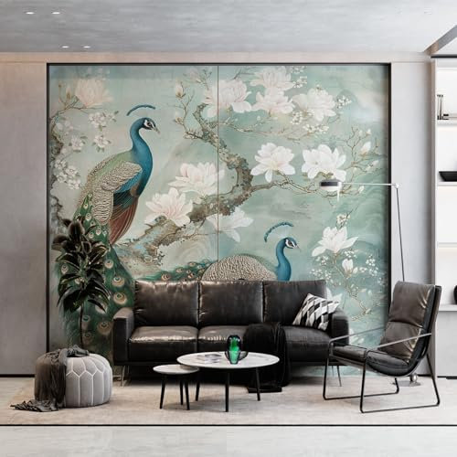 Modern Dark Green Wall Mural 400 x 280 cm (W x H), Chinese Retro Peacock Feathers Wallpaper Mural for Accent Wall in Bedroom Living Room or Hallway, Panoramic Poster Wallpaper