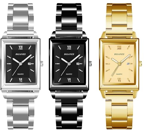 JewelryWe Damenuhr Rechteckige Uhr Damen: 3pcs Klassische Datum Kalender Analog Quarz Armbanduhr Frauen Metallarmband Geschäft Lässige Uhr mit Römischen Ziffern Eckigem Zifferblatt