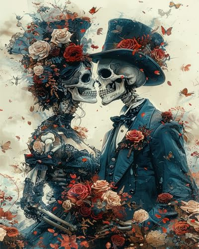 Paint by Numbers Kit for Adults Gothic Romance Paint by Numbers Two Elegantly Dressed Skeletons Adults' Paint-by-number Kits with Paint Brushes and Acrylic Pigment 16X20 Inch Flameless Paint by Number