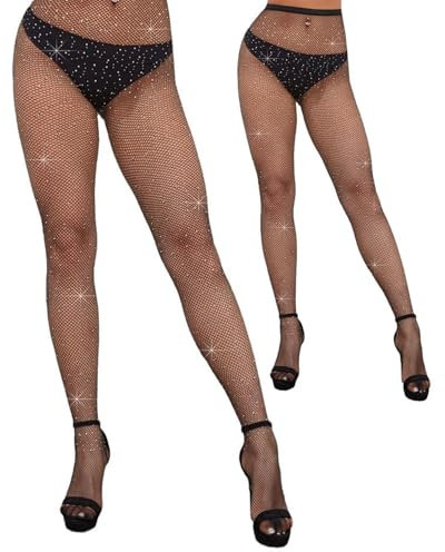 OXDOHUE 2 Pares Medias de Rejilla de Strass Mujer Medias Brillantes, Medias de Rejilla Elásticas Polainas Brillantes para Fiestas, Bailes, Juegos de Rol, Espectáculos, Halloween - negro