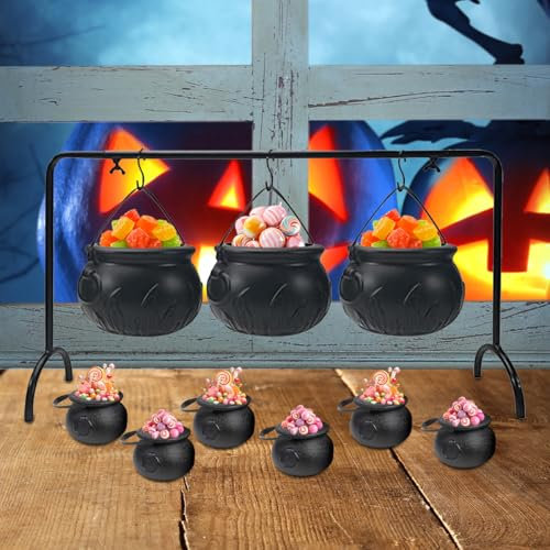 JOYWU 10pcs Halloween Witch Cauldron Serving Bowls Set, Black Plastic with Metal Rack, Gothic Style, 3 Large (14 x 10cm) & 6 Mini (7 x 5.5cm) Cauldrons, Perfect for Halloween Decor & Treats
