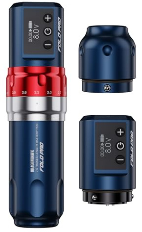 Dragonhawk Fold Pro Tattoo Maschine Set, 7 Hublängen 2,4–4,2 mm | Kabellos Tätowiermaschine mit 2 Akkus für Linien und Schattierungen, Vibrationsarm, Für Profis & Anfänger Blau