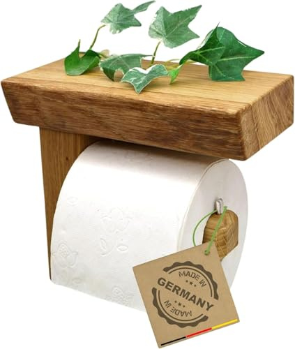 Woodkopf® - Handgefertigter Toilettenpapierhalter aus Eichenholz selbstklebend - WC-Rollenhalter aus Massivholz - Praktischer WC-Papierhalter ohne Bohren - Papierrollenhalter leichte Montage