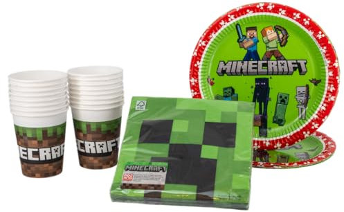 SPARKLERS CLUB Pack de fête Minecraft, Lot de 52 pièces, 16 assiettes, 16 gobelets, 20 serviettes, vaisselle jetable, vaisselle de fête, décoration de table