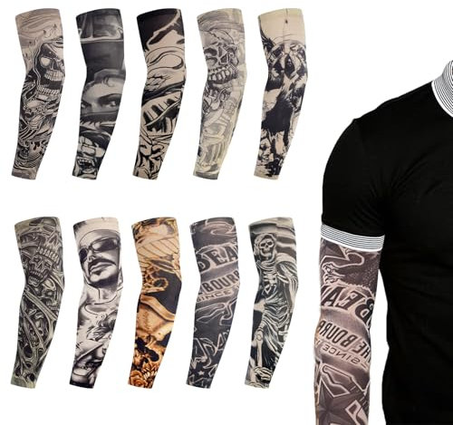 10 Pcs Fake Temporary Cool Tattoo Sleeves – Nylon Elastic Temporary Sleeves for Men Women, Rockstar Fancy Dress Punk Accessories, Fake Tattoos Sleeves to Cover Arms