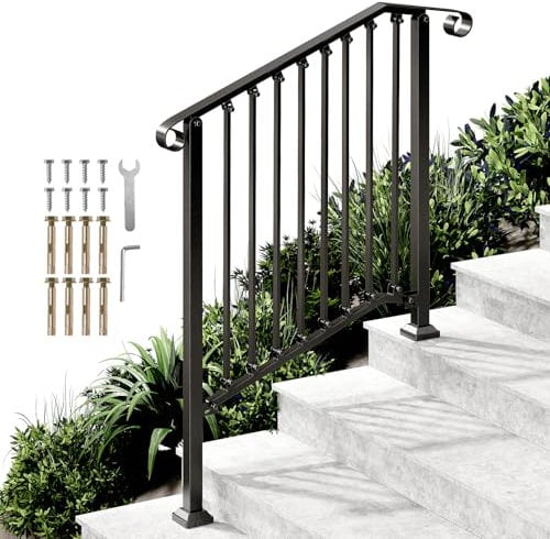 Roomark Treppengeländer Außen für 2 oder 3 Stufen, Treppengeländer Innen für Betonstufen, Handlauf Treppe für Veranda, Schmiedeeiserner Geländer & Balkongeländer (Schwarz(3-4 Steps))