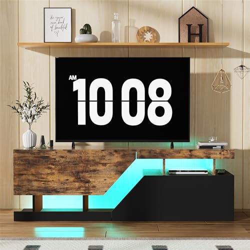 MSFE TV Stand Cabinet With RGB LED, 140CM Entertainment Center Led Tv Stand, Low Panel TV Cabinet with Handleless Opening 2 Flap/Doors Super Storage Space for TV Living Room, Dining Room, Bedroom