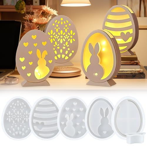 Silikonformen Gießformen Ostern, 6 Stück Oster Gießformen, Silikonform Ostern Hase Silikon Gießform, Silikonform Osterei Gipsformen, Osterhase Kerzenständer Gießformen für Bastelarbeiten, DIY Kerzen