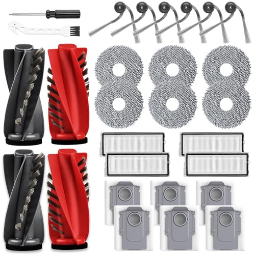 Lot de 28 accessoires de rechange pour robot aspirateur Roborock Qrevo Curv/Qrevo Edge, 2 paires de brosses principales, 4 filtres, 6 sacs à poussière, 6 tampons de serpillère, 6 brosses latérales, 1