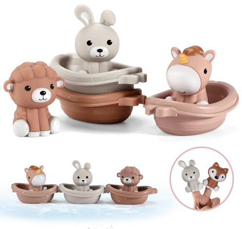 Nueplay Badewanne Spielzeug für Kleinkinder 18M+,Baby Bad Spielzeug mit Tier Finger Puppets, Stapelbare Boot Zug, Geschenk für Baby Kleinkinder Set von 6