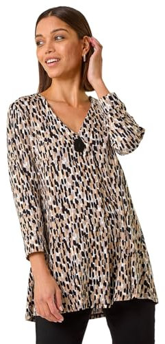 Roman Originals Shirt for Women UK Ladies Longline Top Collarless Blouse Smart Tunic Casual Evening Relaxed Fit 3/4 Length Sleeve Notch V Neck Long - Stone - Size 18