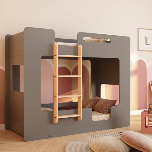 smartwood Etagenbett 2 Kinder 90x200 - Grau - Leiter Links - Hochbett Mimi BL mit Lattenrost & Rausfallschutz für Jungen & Mädchen - Belastbar bis 230 kg