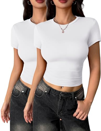 Zeagoo Dam-t-shirt, kortärmad, rund hals, ledig, crop topp, sommar, bastoppar, enfärgad, tajt, Y2K, t-shirt, skjorta, XS–XXL, Vit tvådelad, XL