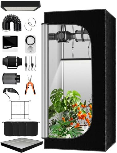 QEANY Komplettes Growzelt Set, 90x90x180cm Growbox, Growzelt-System mit 100W LED-Wachstumslicht, automatischem 4-Zoll-Lüfter und Kohlefilter, Indoor Grow Tent Set (TZ9090180)