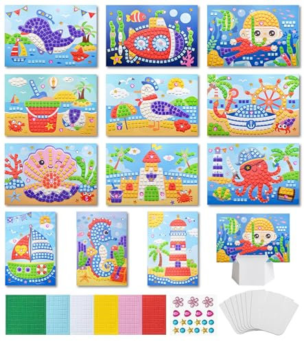 12 Stück Mosaik Bastelset für Kinder, Klebebilder Basteln Frühling DIY Mosaike Aufkleber, Sticky Mosaics, Kunst Kindergeburtstag, Party Beschäftigung Geschenke fürJungen Mädchen ab 3 4 5 6 7 8 Jahre